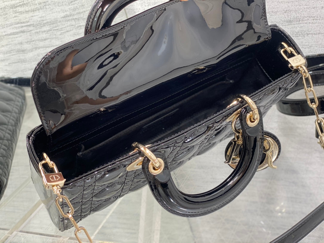 Dior Lady D-Joy Medium Patent Black Leather Bag - 26x6x14cm