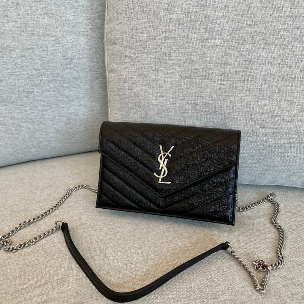 YSL  Cassandre Envelope Chain Wallet Black Grain Leather 19x11.5x4 cm
