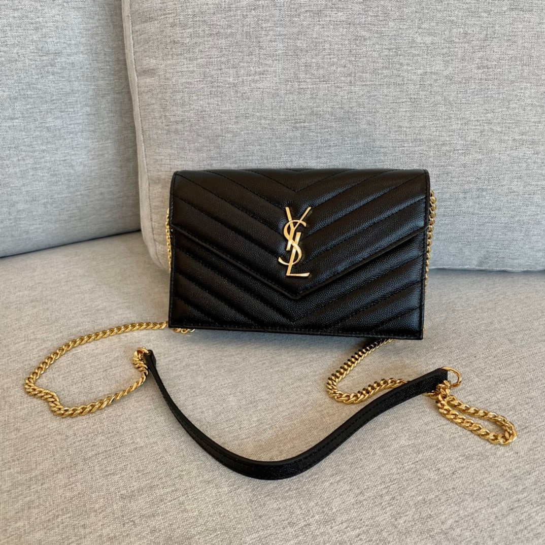 YSL  Cassandre Envelope Chain Wallet Black Grain Leather Golden Hardware 19 cm