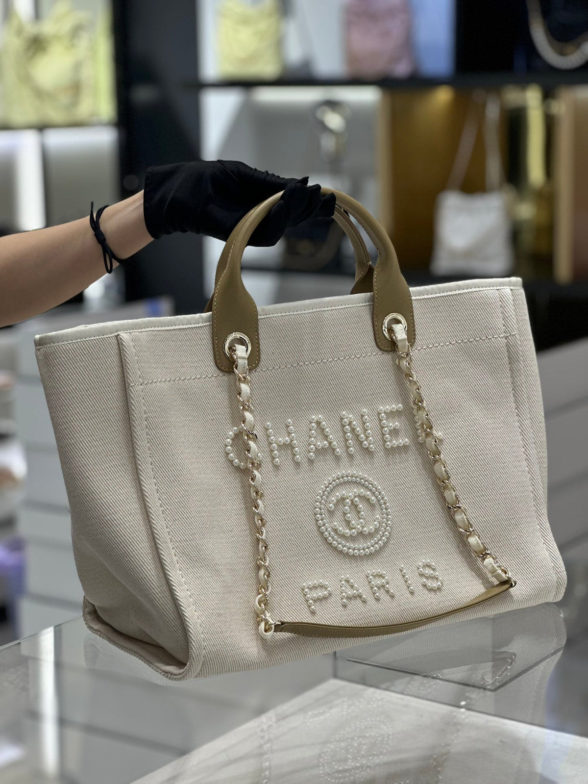 Chanel Natural Canvas and Tan Leather Large Pearl Deauville Tote - 30x39x22cm
